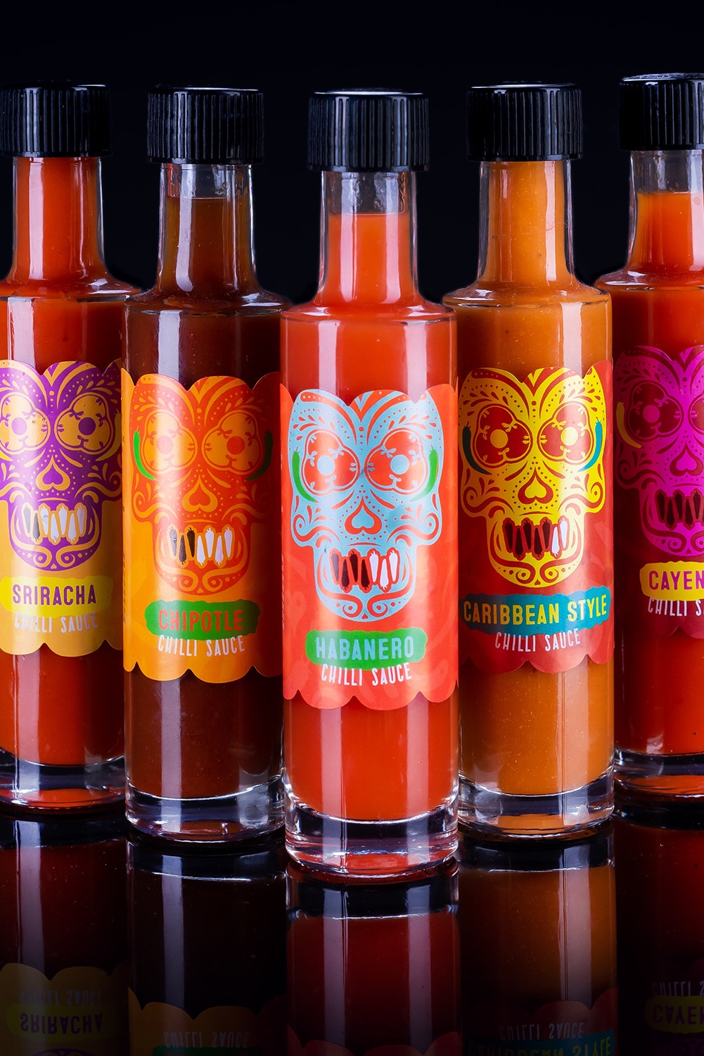 Chilli bottles hot sauce product photography